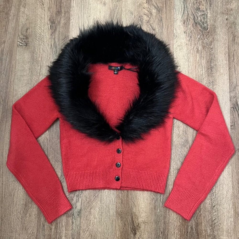 dELiA*s by Dolls Kill‎ Faux Fur Collar Cropped Cardigan Red/Black Size Small NWT